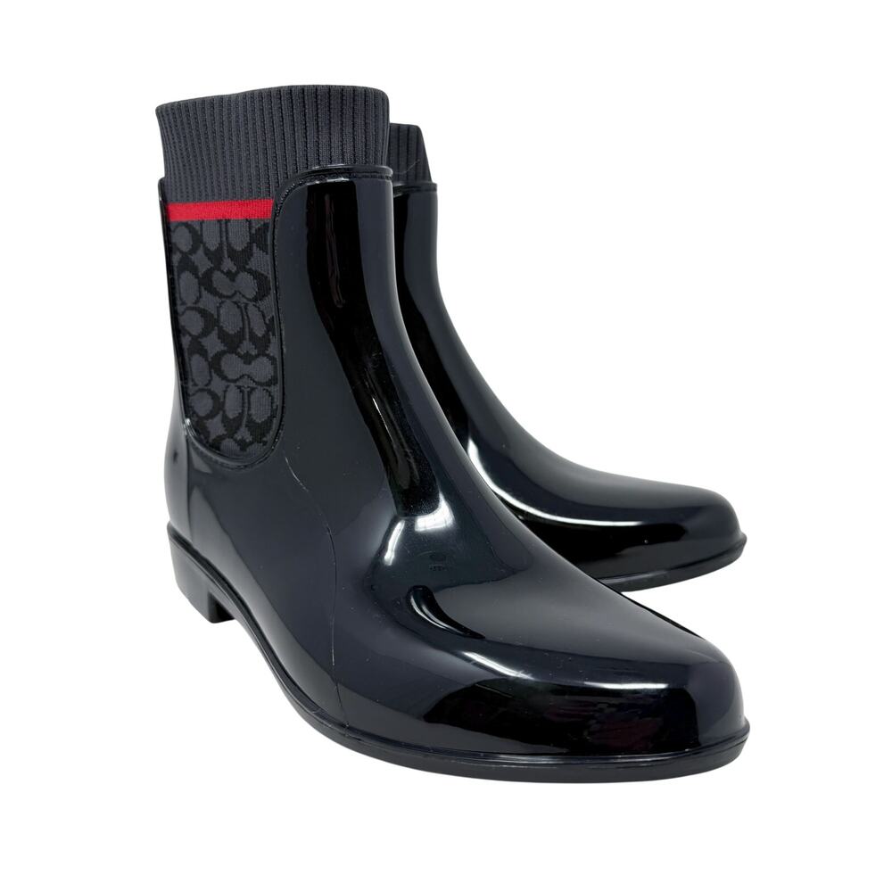 NWOB Coach Black/Red Rubber Chelsea Rain Boots Pull On Women's Size 9 Waterproof